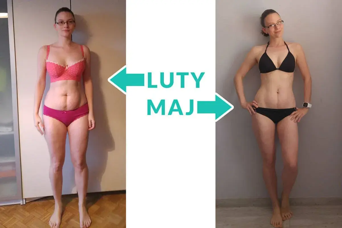 Od lutego do maja: od masy do redukcji. Kobieta w bieliźnie pokazuje przemianę sylwetki.