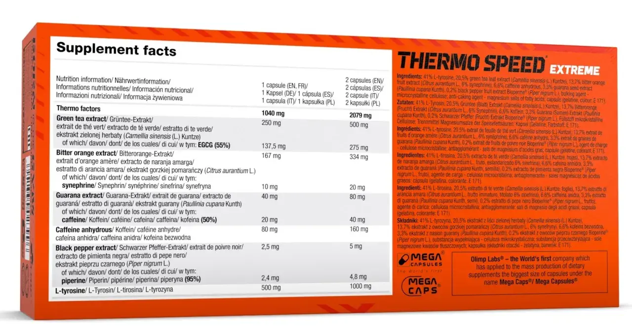 Thermo Speed Extreme dawkowanie: składniki aktywne w 1 i 2 kapsułkach, w tym ekstrakt z zielonej herbaty, gorzkiej pomarańczy, guarany, kofeina, piperyna.
