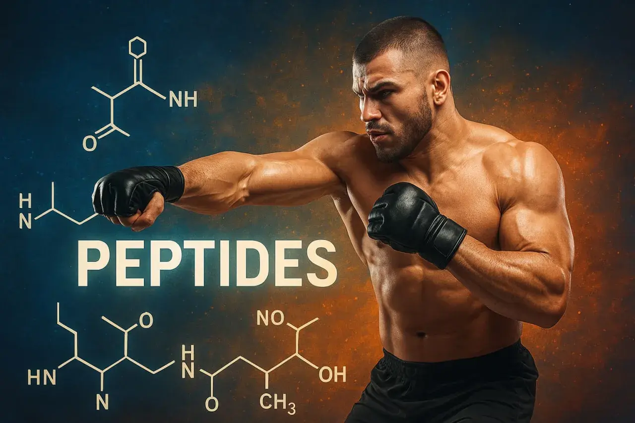 Mięśniowy bokser w rękawicach, z symbolami chemicznymi i napisem "PEPTIDES". Peptydy w kulturystyce to klucz do siły.
